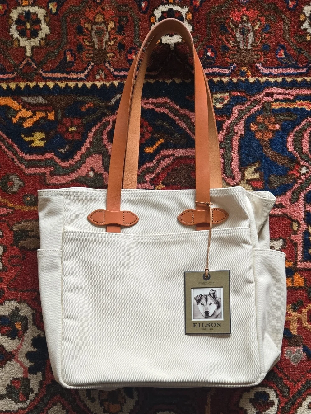 NWT Filson Cream Canvas Tote with Tan Leather Handles - Picture 1 of 6